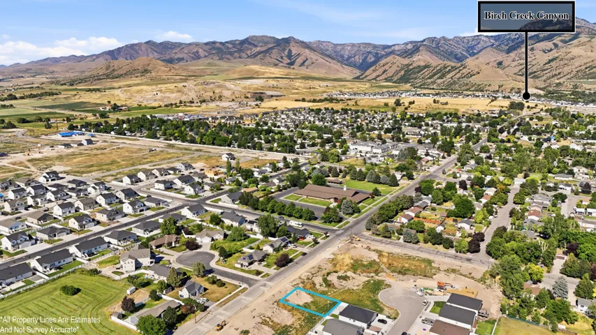 Expansive aerial perspective showcasing a developed residential area with numerous single-family homes and surrounding undeveloped land