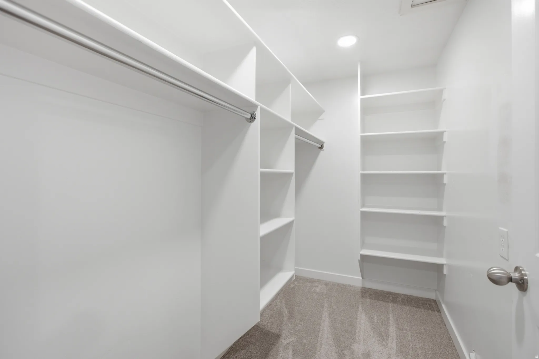 Walk-in closet with integrated white shelving, multiple hanging rods, recessed ceiling lighting, and carpet flooring