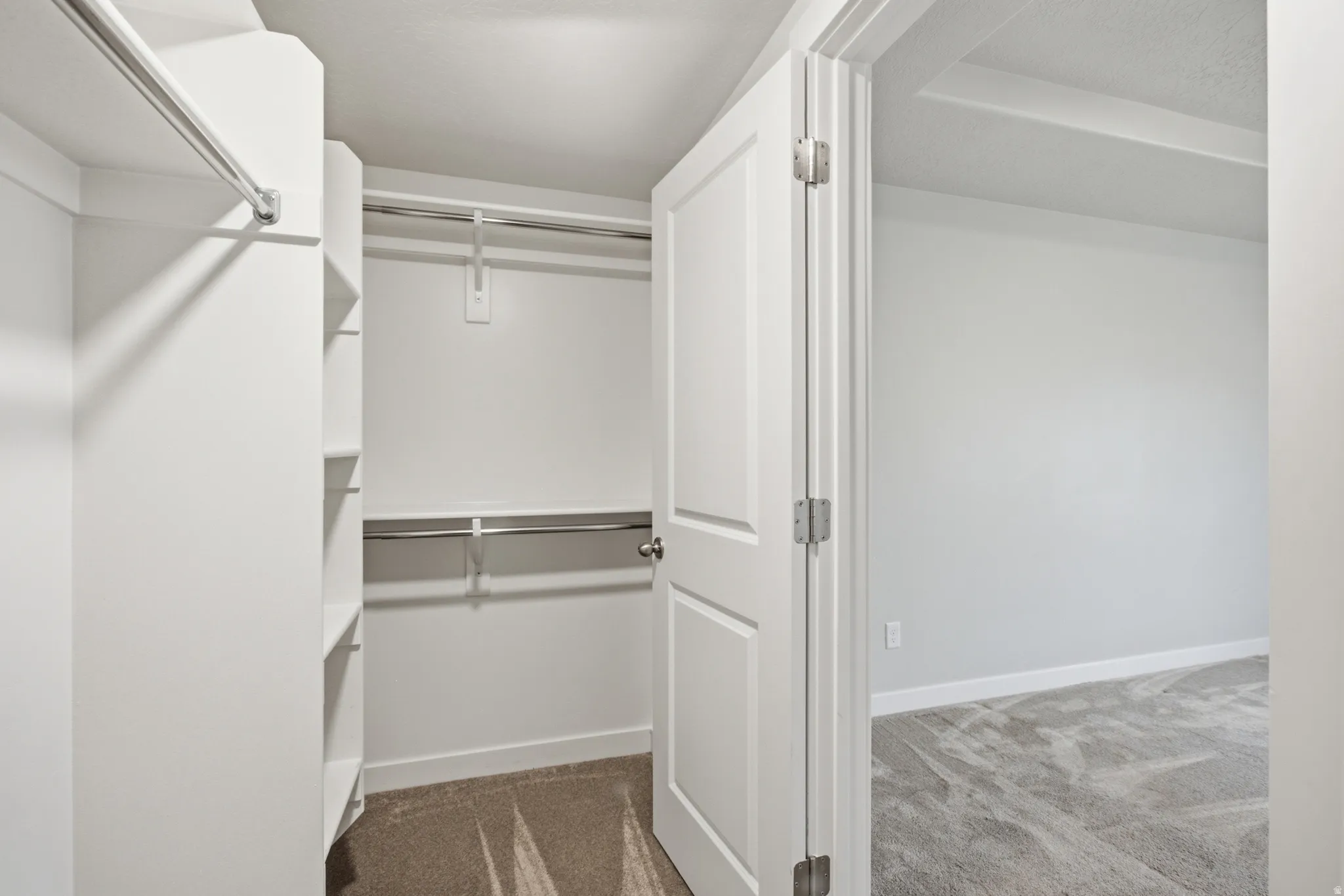 Spacious walk-in closet featuring white built-in shelving, chrome hanging rods, and carpet flooring