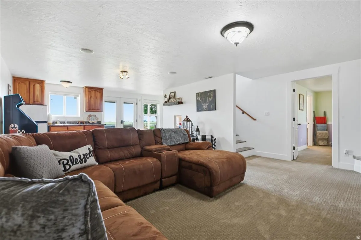 Spacious recreational area featuring neutral carpet flooring, recessed ceiling lighting, and a built-in kitchen space with wood cabinetry