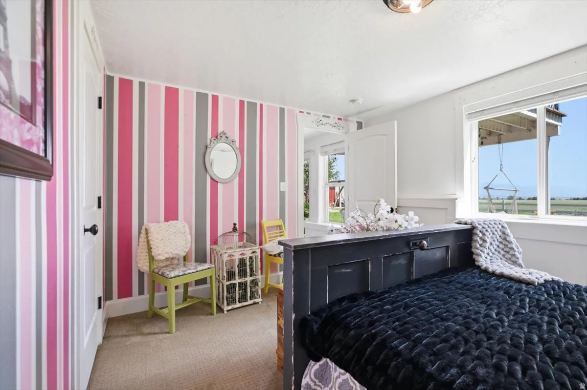 Carpeted room featuring a striped accent wall, white trim, and a window providing a view of the outdoors