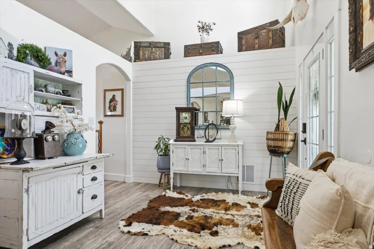 Wood-finish flooring throughout the entryway