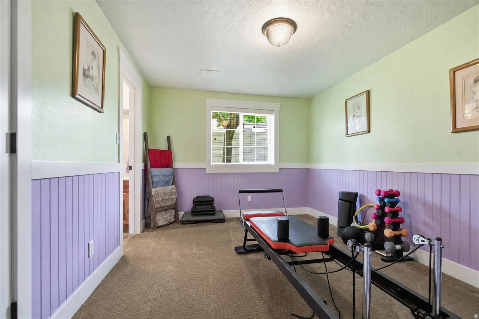 Carpeted room with a window providing natural light, featuring light green walls over purple beadboard wainscoting and white trim