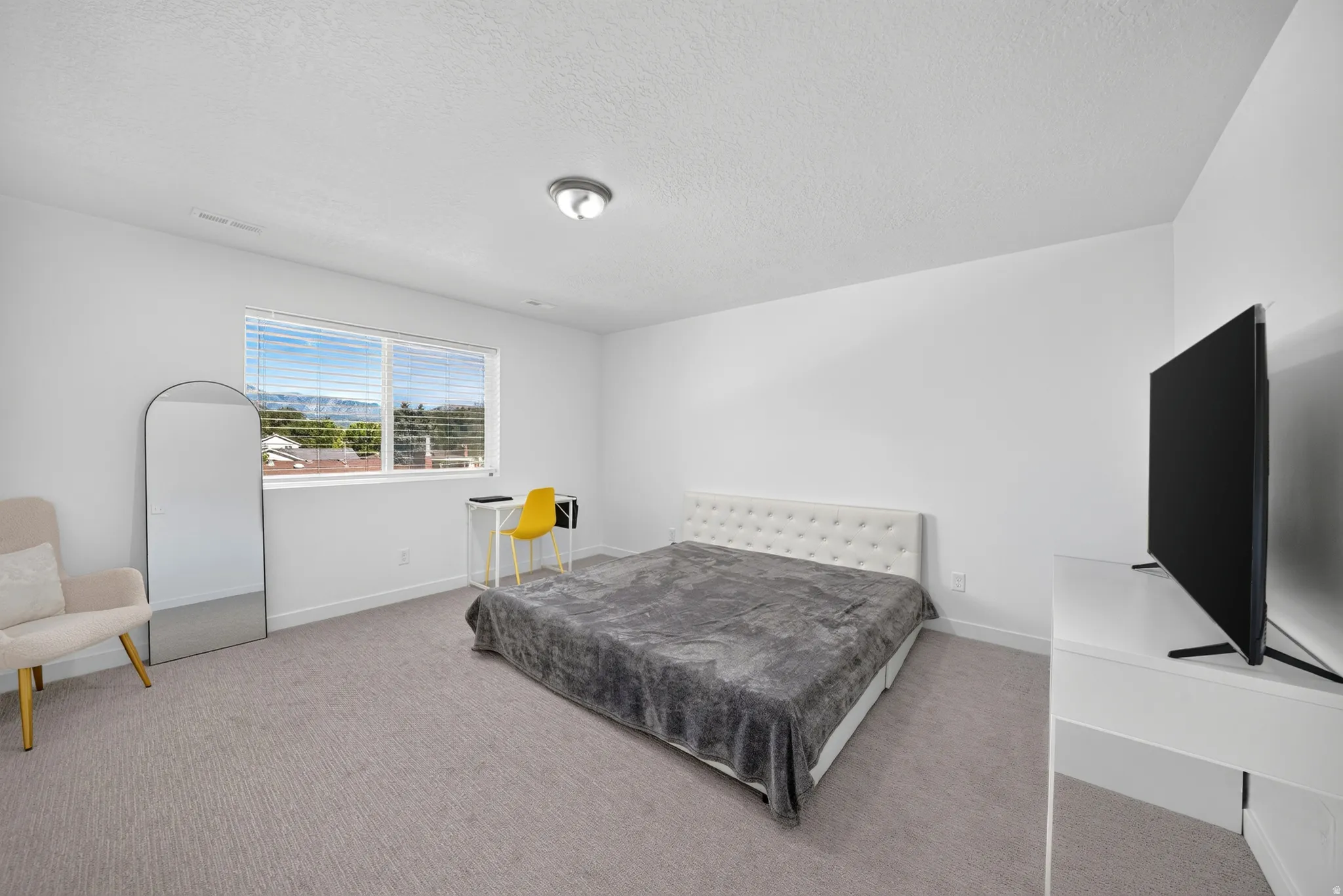 Bright room featuring neutral carpet flooring and white walls