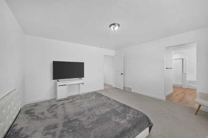 Spacious room featuring light gray carpet flooring, white painted walls, and a ceiling-mounted light fixture