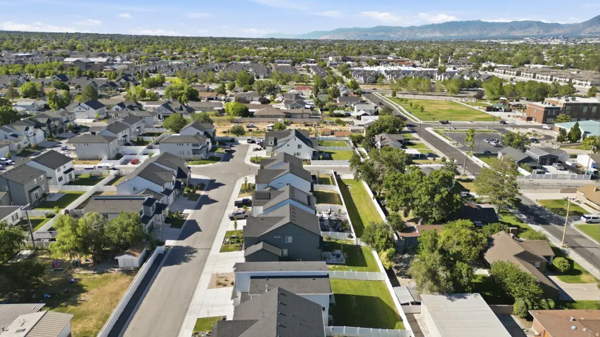 Aerial perspective showcasing a residential development with varied housing styles