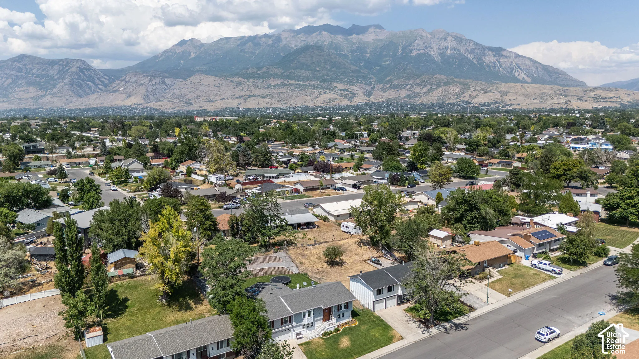 Expansive neighborhood panorama with mature trees and mountain backdrop