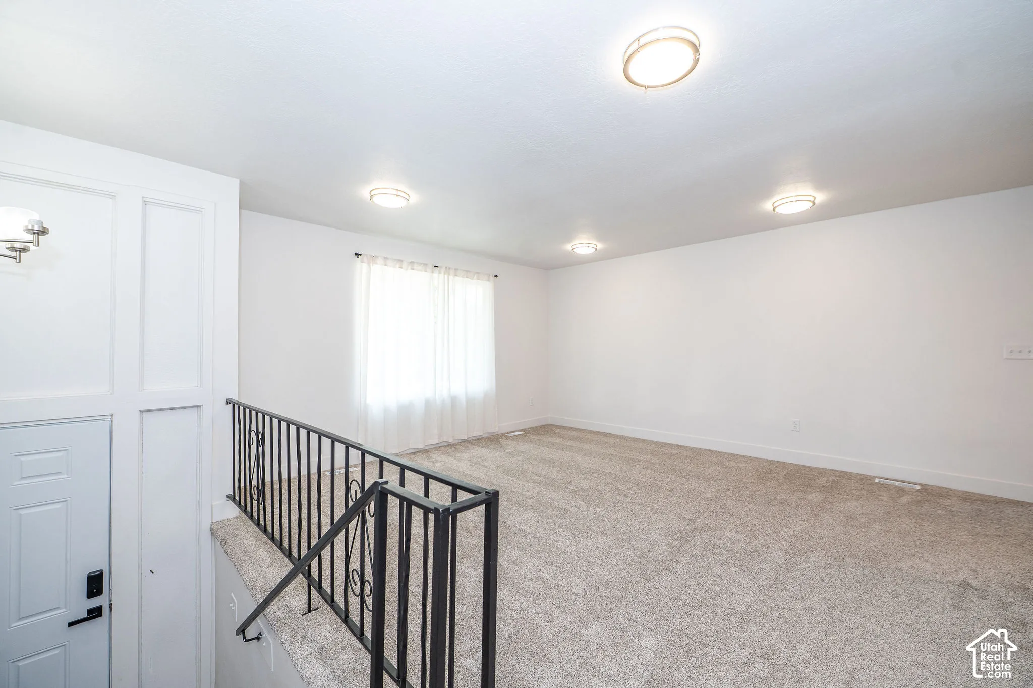 Upper-level space featuring light-colored carpeting, a white paneled entry wall, and a black metal railing