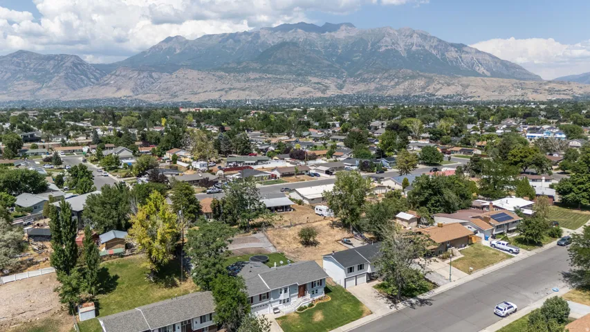 Expansive neighborhood panorama with mature trees and mountain backdrop