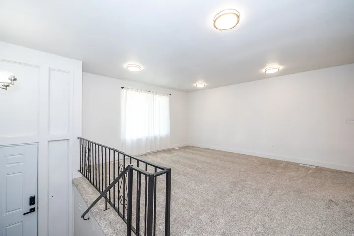 Upper-level space featuring light-colored carpeting, a white paneled entry wall, and a black metal railing