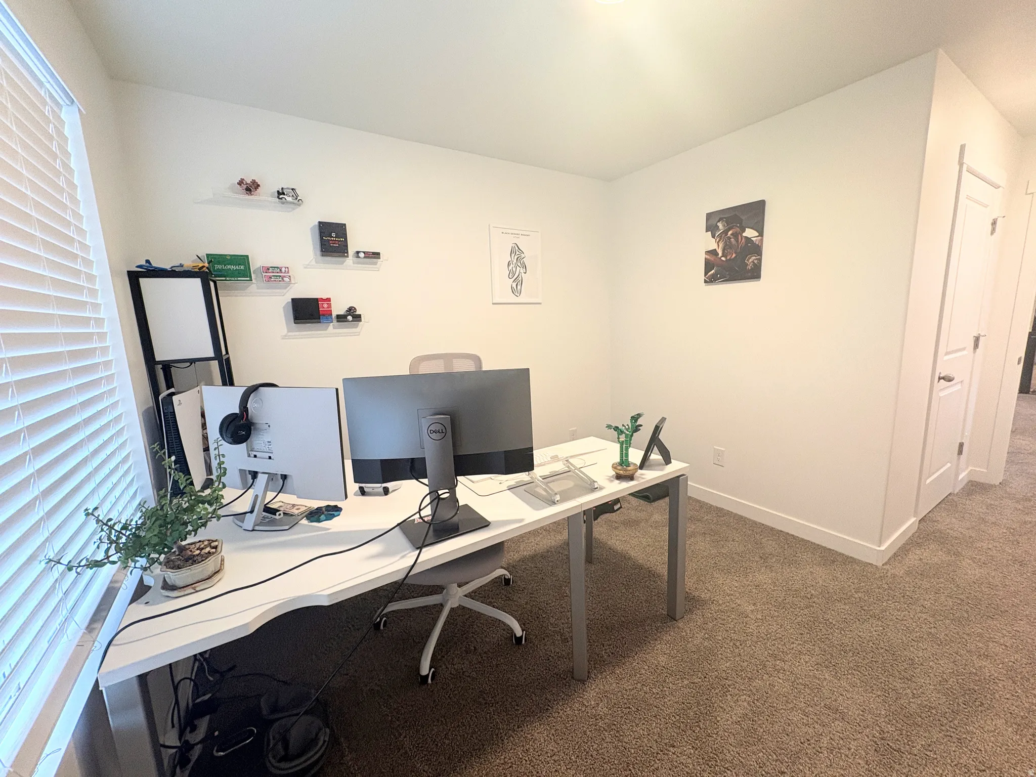 Interior room featuring neutral carpeting, white walls, and a window with horizontal blinds