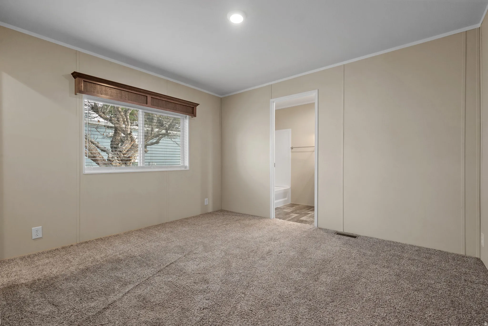 Room featuring neutral carpet flooring and light-toned wall panels