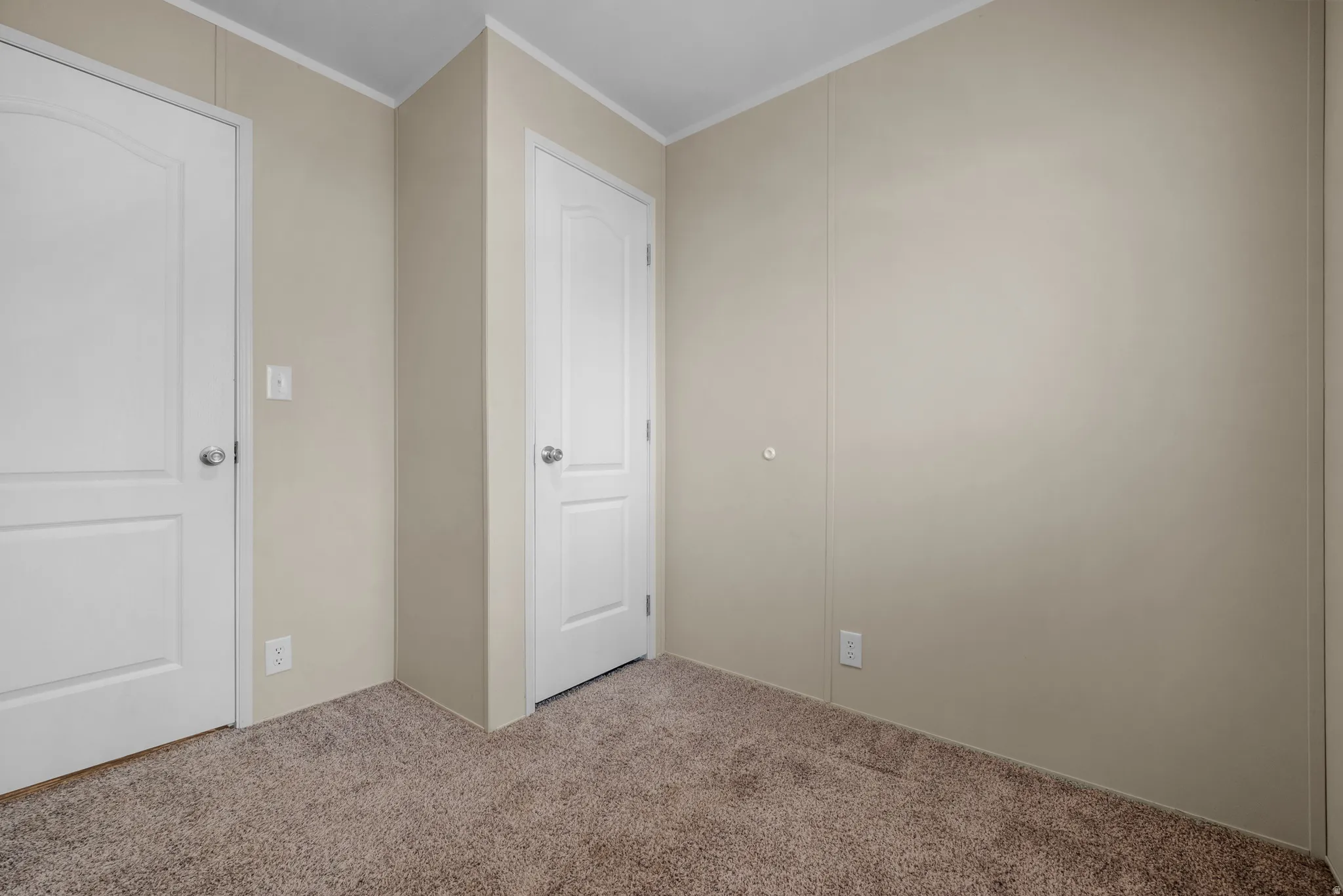 Room with light beige walls and textured brown carpet
