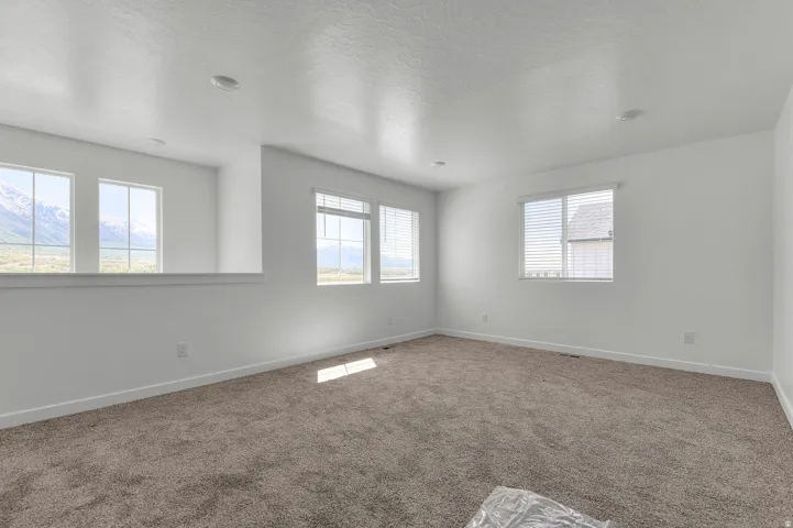 Carpeted room featuring multiple windows, recessed lighting, and white walls
