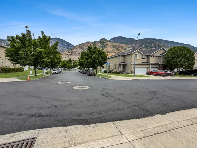 Mountain backdrop enhancing this residential setting with mature street trees