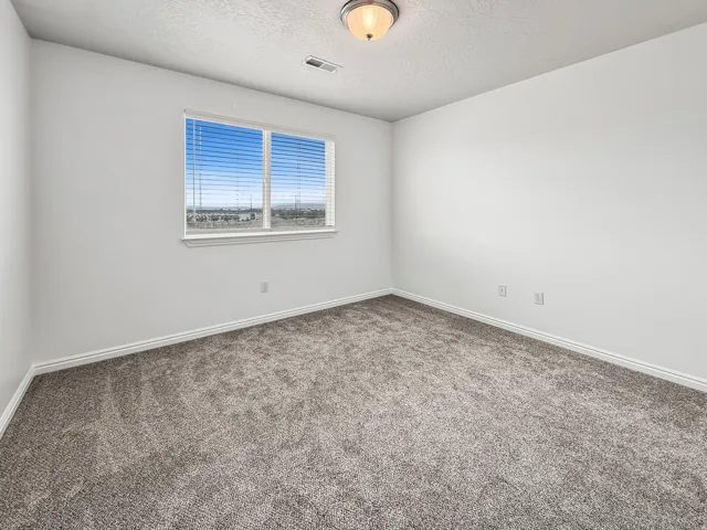 Bright interior room featuring a large window with blinds, neutral grey carpeting, white baseboards, and a semi-flush mount ceiling light fixture