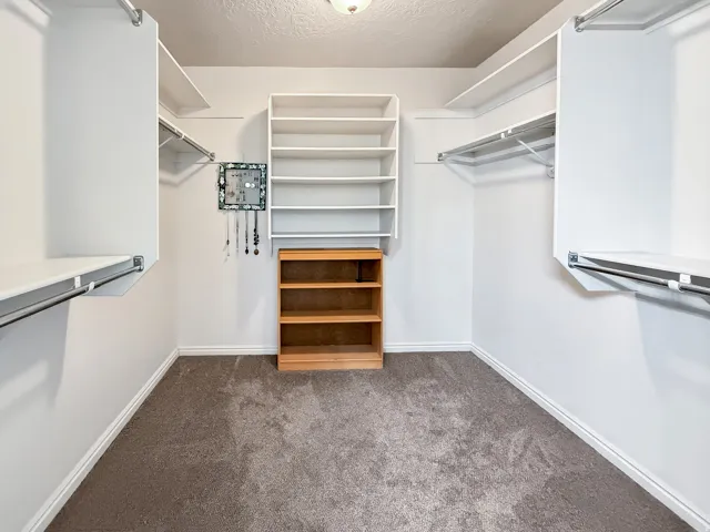 Walk-in closet featuring built-in shelving, hanging rods, and carpet flooring