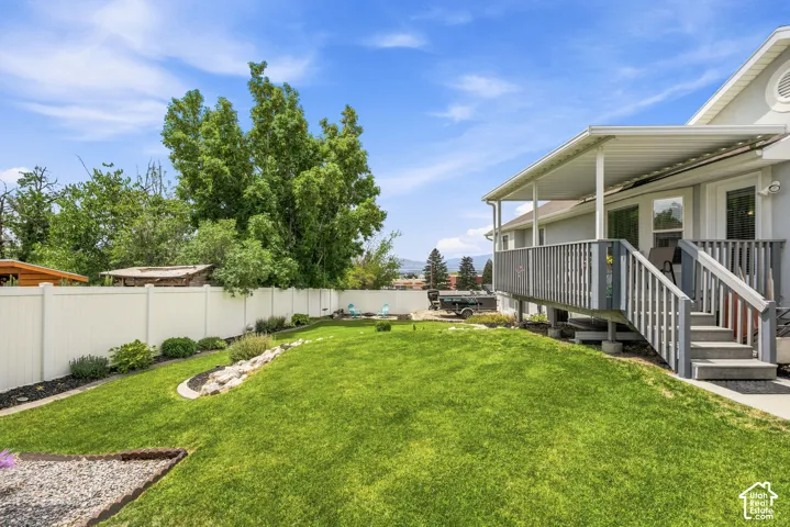 Expansive backyard featuring a covered deck, white privacy fencing, established landscaping, and a vibrant lawn