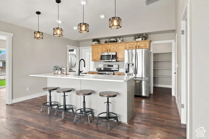 Kitchen featuring an island with white countertop, stainless steel appliances, wood-finish flooring, recessed lighting, and a pantry with built-in shelving