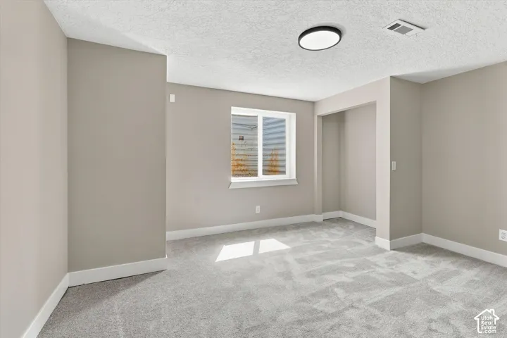 Spacious room featuring neutral paint, gray carpeting, a single window, white baseboards, and an overhead flush-mount light fixture