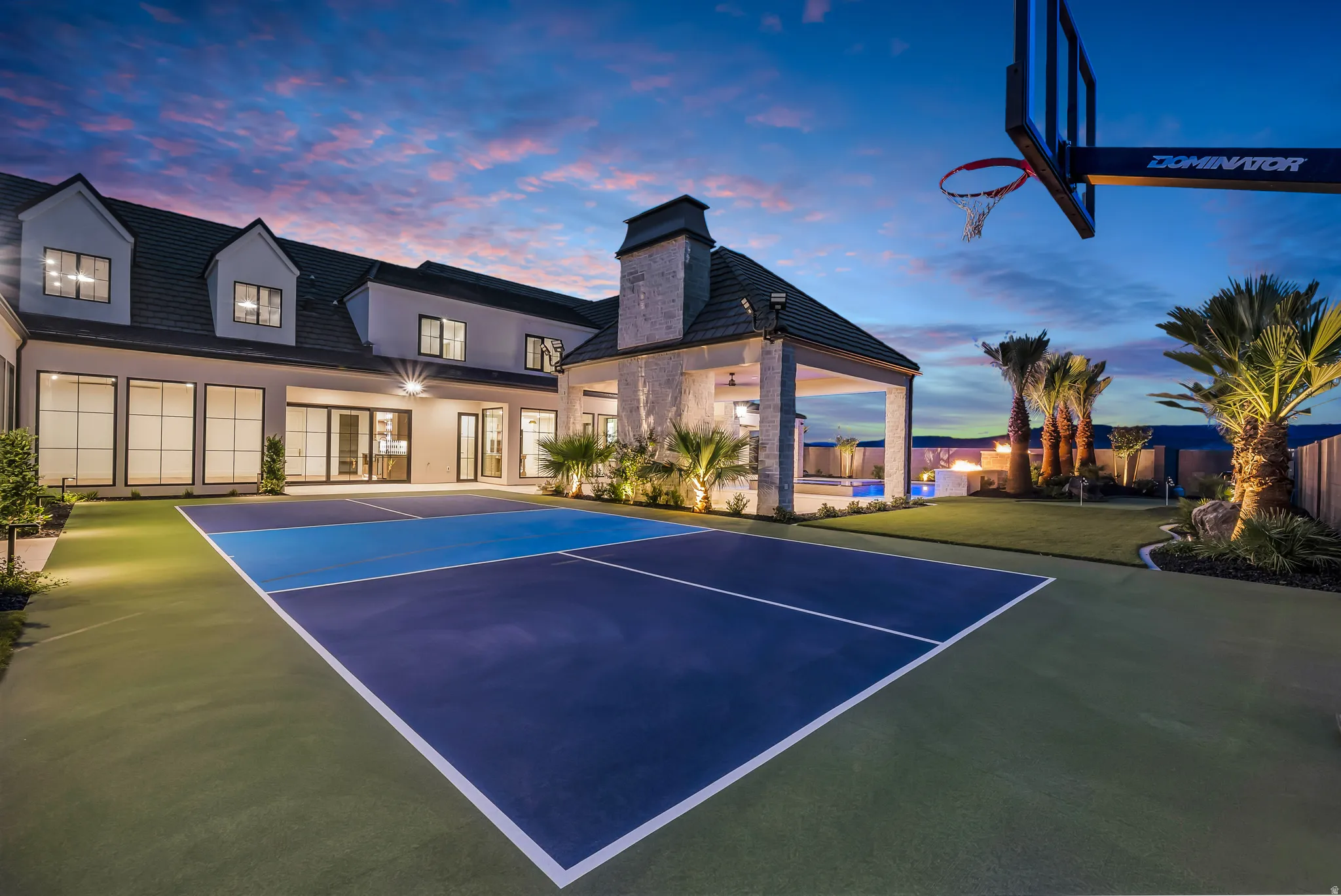 Multi-sport court featuring vibrant blue and green surfacing