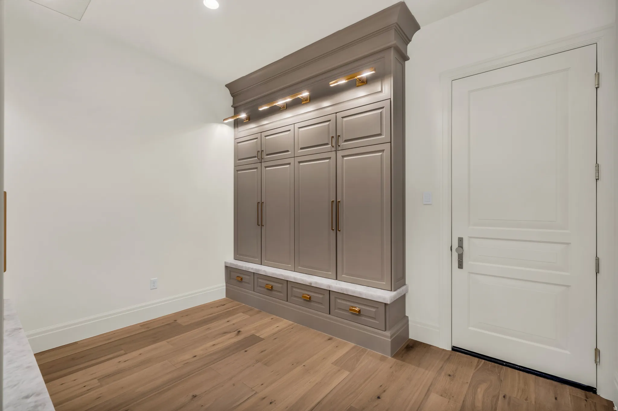 Built-in cabinetry with ample storage, integrated lighting, a marble-look countertop, brass hardware, and wood-finish flooring