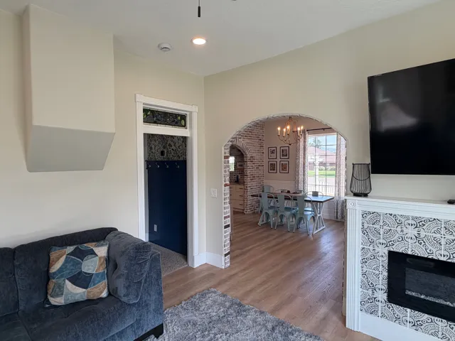 Electric fireplace with decorative tile surround