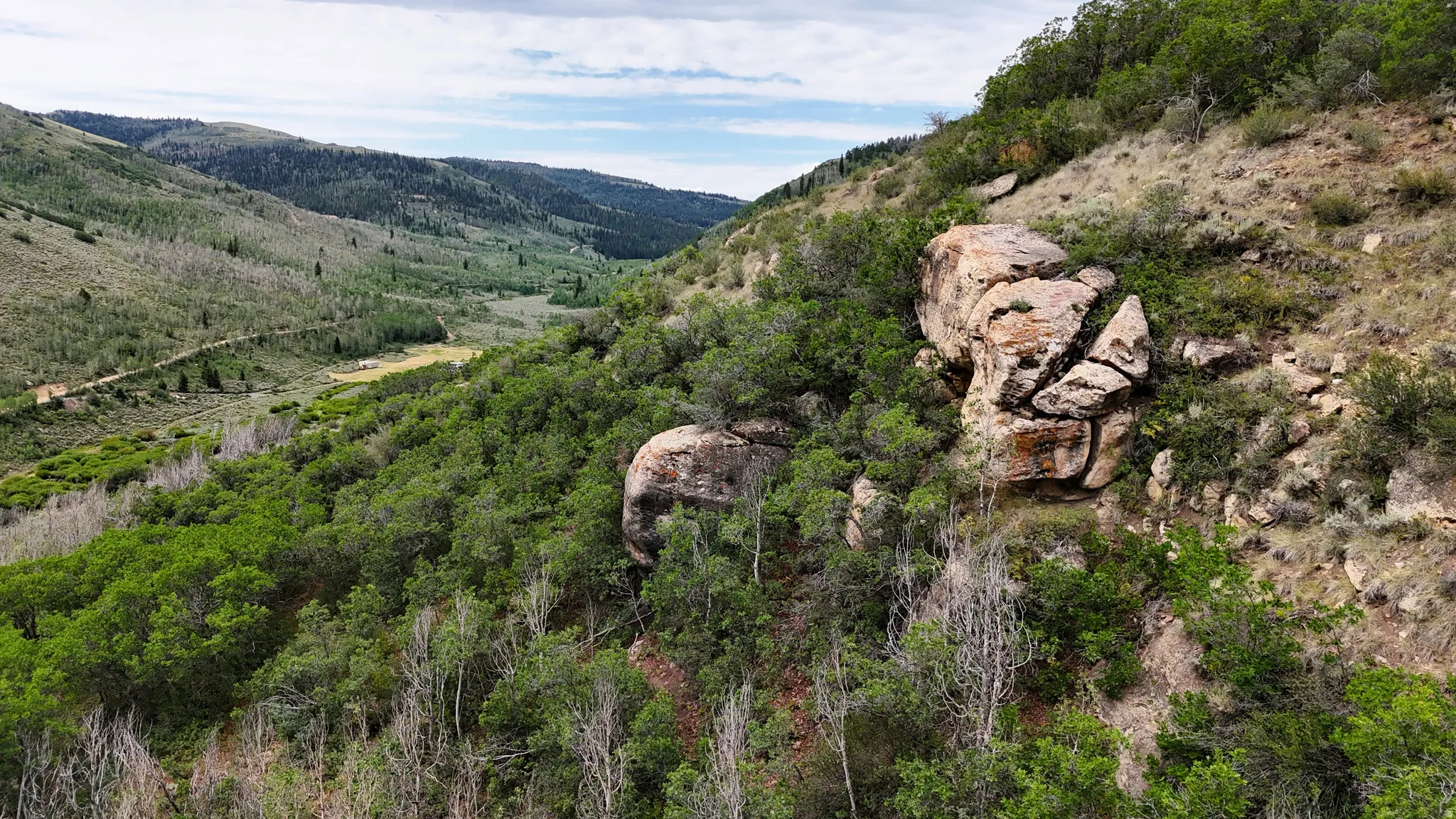 Expansive mountainous terrain featuring diverse vegetation, prominent rock formations, and a winding valley