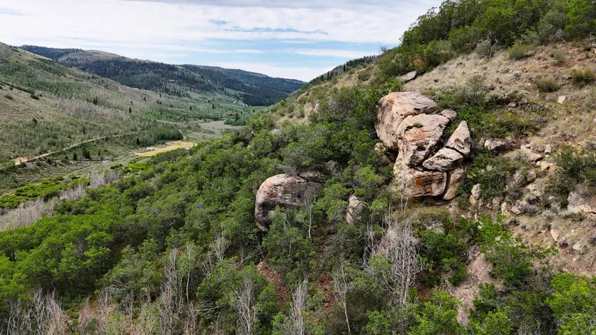 Expansive mountainous terrain featuring diverse vegetation, prominent rock formations, and a winding valley