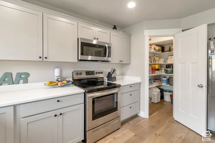 Kitchen featuring light gray cabinetry with black hardware, stainless steel appliances, solid surface countertops, and wood-finish flooring