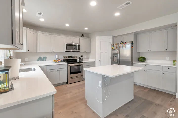 Kitchen featuring light gray cabinetry, stainless steel appliances, a center island with a white quartz countertop, recessed lighting, and wood-finish flooring