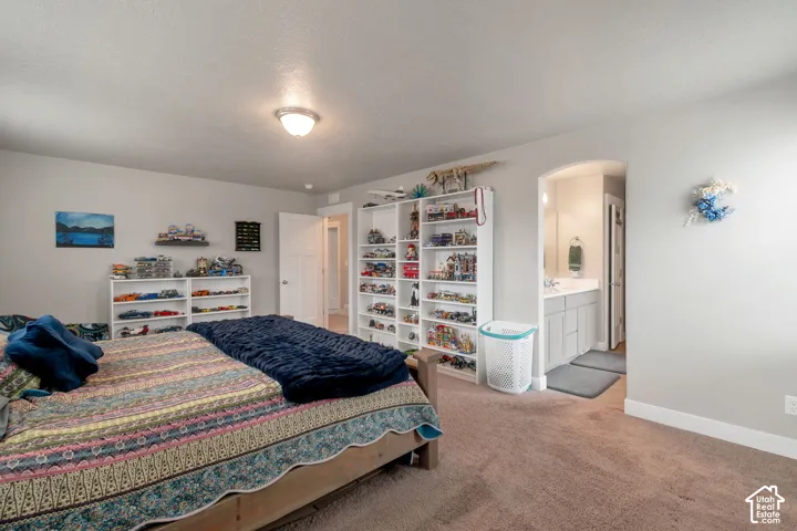 Spacious bedroom featuring neutral wall tones, carpet flooring, a ceiling-mounted light fixture, and an arched doorway leading to a vanity area