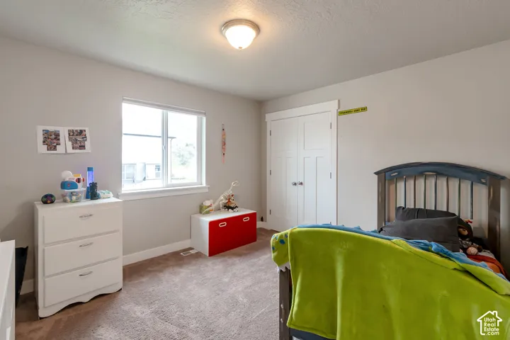 Carpeted room with a double-paned window, neutral wall paint, and a built-in closet featuring white double doors with brushed nickel hardware