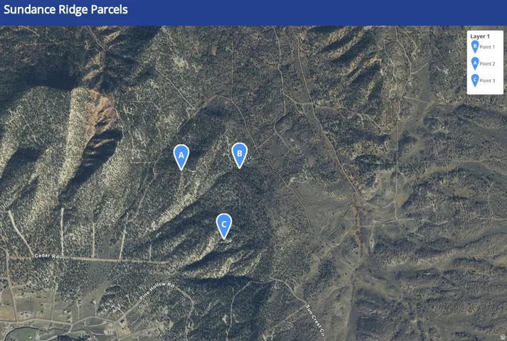 Sundance Ridge Parcels Map. Indicating the geographic positions of multiple designated points