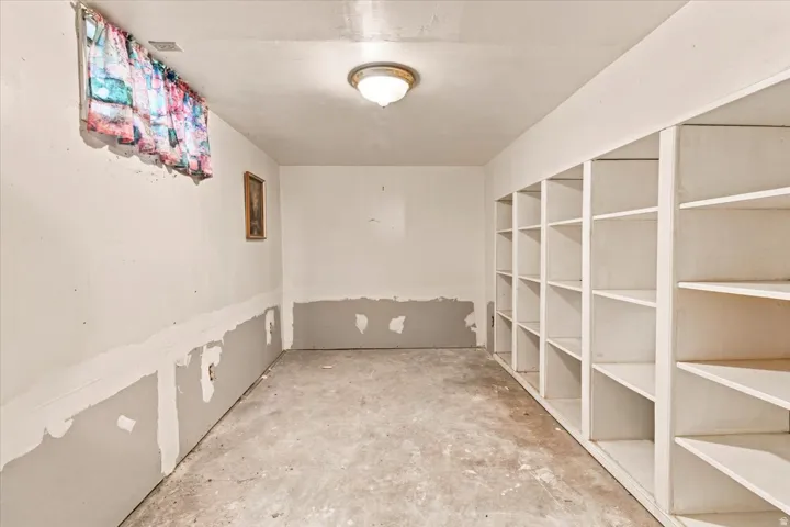 Unfinished basement space featuring extensive built-in shelving, concrete flooring, and a flush mount ceiling light