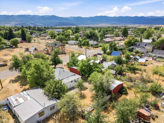 Aerial perspective showcasing a residential area with varied housing styles