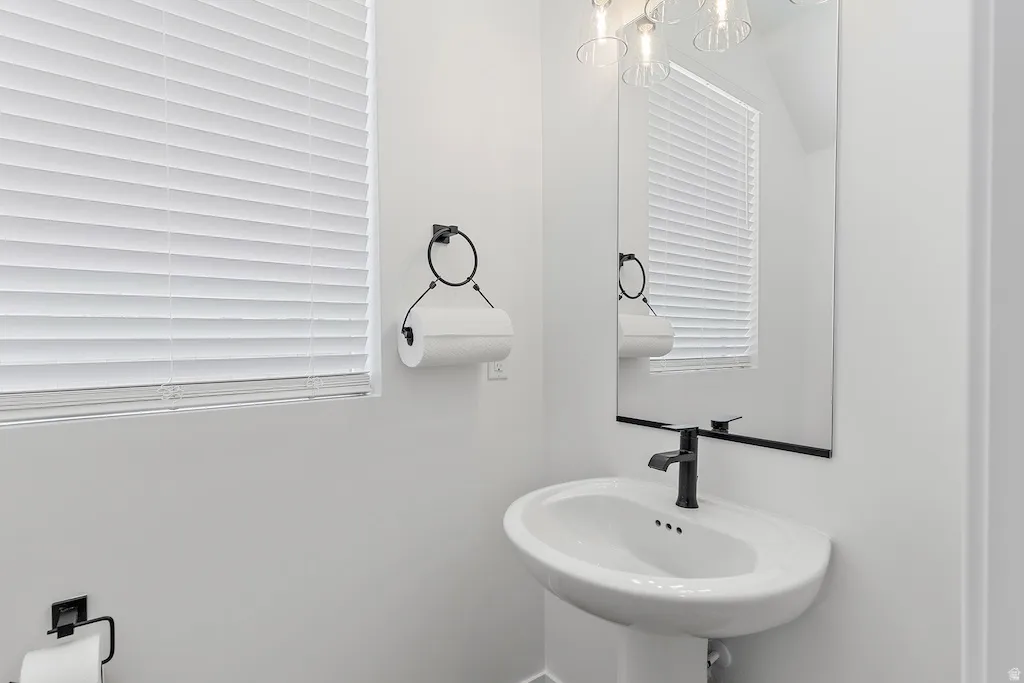 Pedestal sink with matte black faucet, wall-mounted rectangular mirror, and complementary overhead light fixture