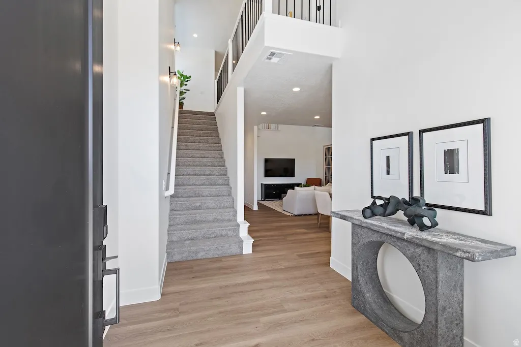 Entryway featuring wood-finish flooring, a carpeted staircase with white risers and handrail, and a second-story landing with black metal balusters