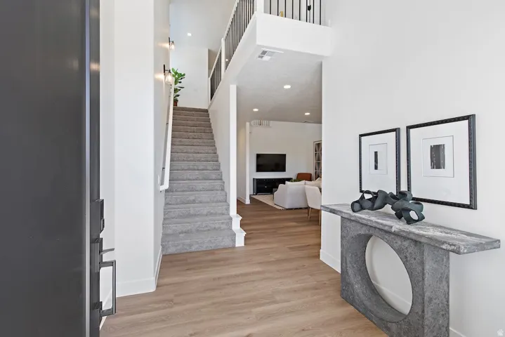 Entryway featuring wood-finish flooring, a carpeted staircase with white risers and handrail, and a second-story landing with black metal balusters