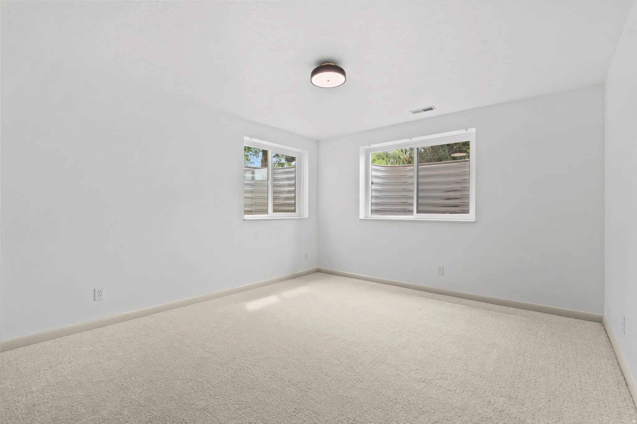 Bright, neutral-toned room featuring two windows with white trim and light-colored carpeting
