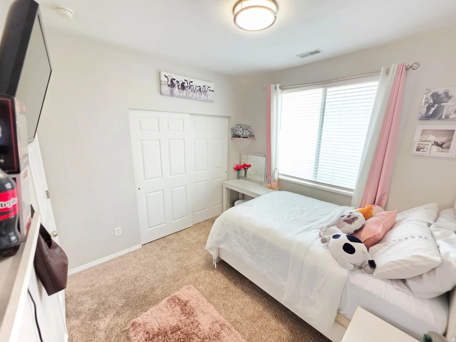 Carpeted room featuring a double-door closet, a large window with blinds, and light neutral wall colors