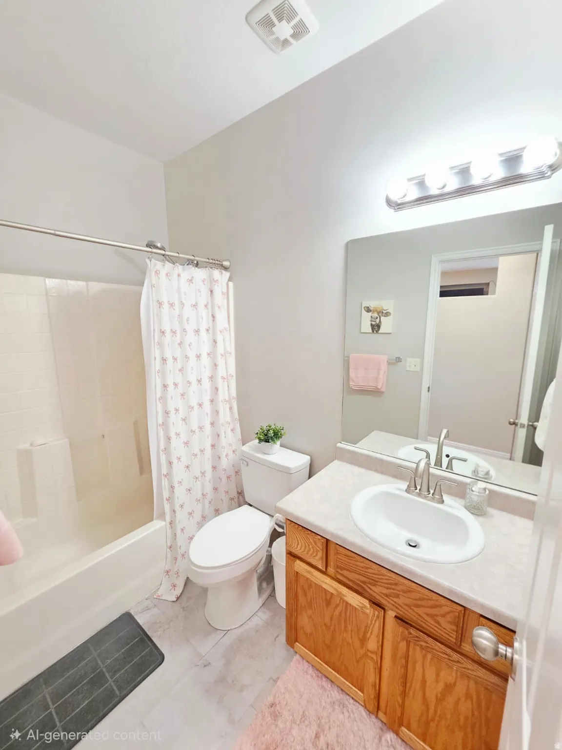 Bathroom featuring a single vanity with wood-finish cabinetry, a drop-in sink, and a light-colored countertop