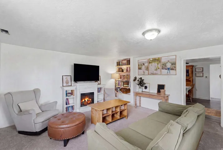 Living area featuring built-in shelving, carpet flooring, and an entry to an additional space with wood-finish flooring