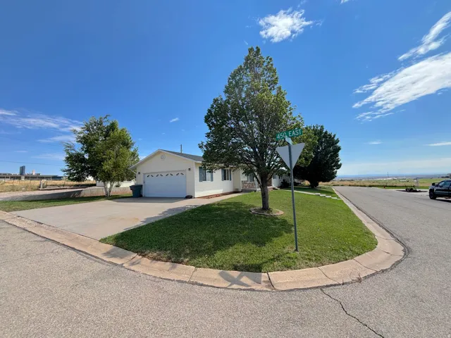Single-story residence featuring a two-car garage, concrete driveway, and a front lawn with mature trees
