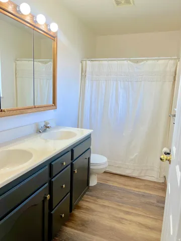 Bathroom featuring a double vanity with dark cabinetry and gold-tone hardware