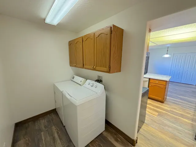 Dedicated laundry area featuring wood-finish flooring, overhead cabinetry, and fluorescent lighting