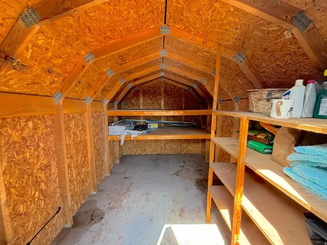 Interior shed space featuring a gambrel roof design, exposed wood framing, oriented strand board walls, integrated shelving units, and a concrete floor