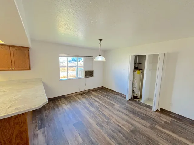 Dining area featuring wood-finish flooring, a window, and a utility closet