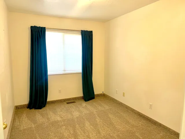 Neutral wall paint with carpet flooring and window with blinds