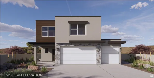 Contemporary two-story exterior featuring a two-car garage, stucco siding, stone accents, and wood-finish paneling